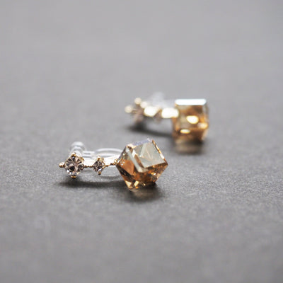 Swarovski Crystal Rhinestone Cube Invisible Clip On Stud Earrings ( Light Orange ) - Miyabi Grace