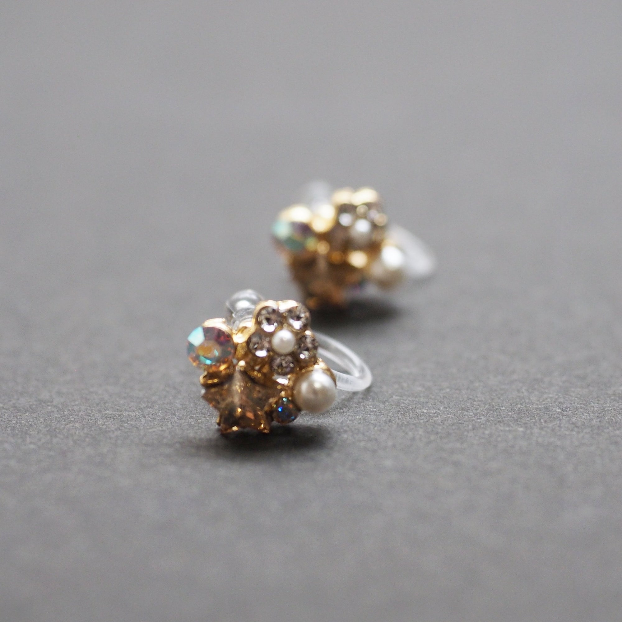 Star Swarovski Crystal Rhinestone & White Pearl Invisible Clip on Stud Earrings ( Light orange ) - Miyabi Grace