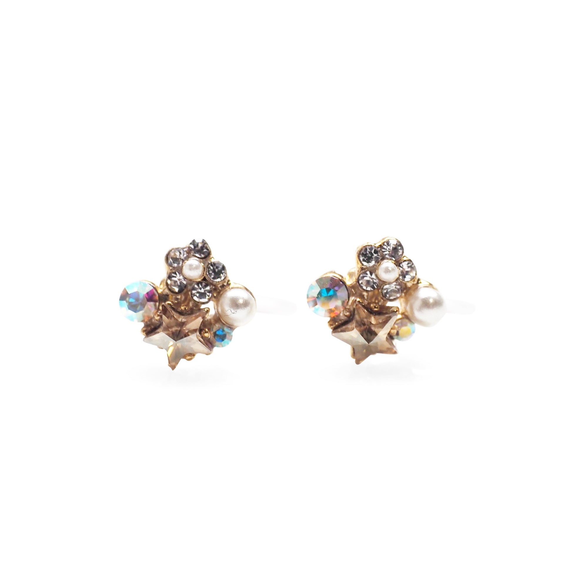 Star Swarovski Crystal Rhinestone & White Pearl Invisible Clip on Stud Earrings ( Light orange ) - Miyabi Grace