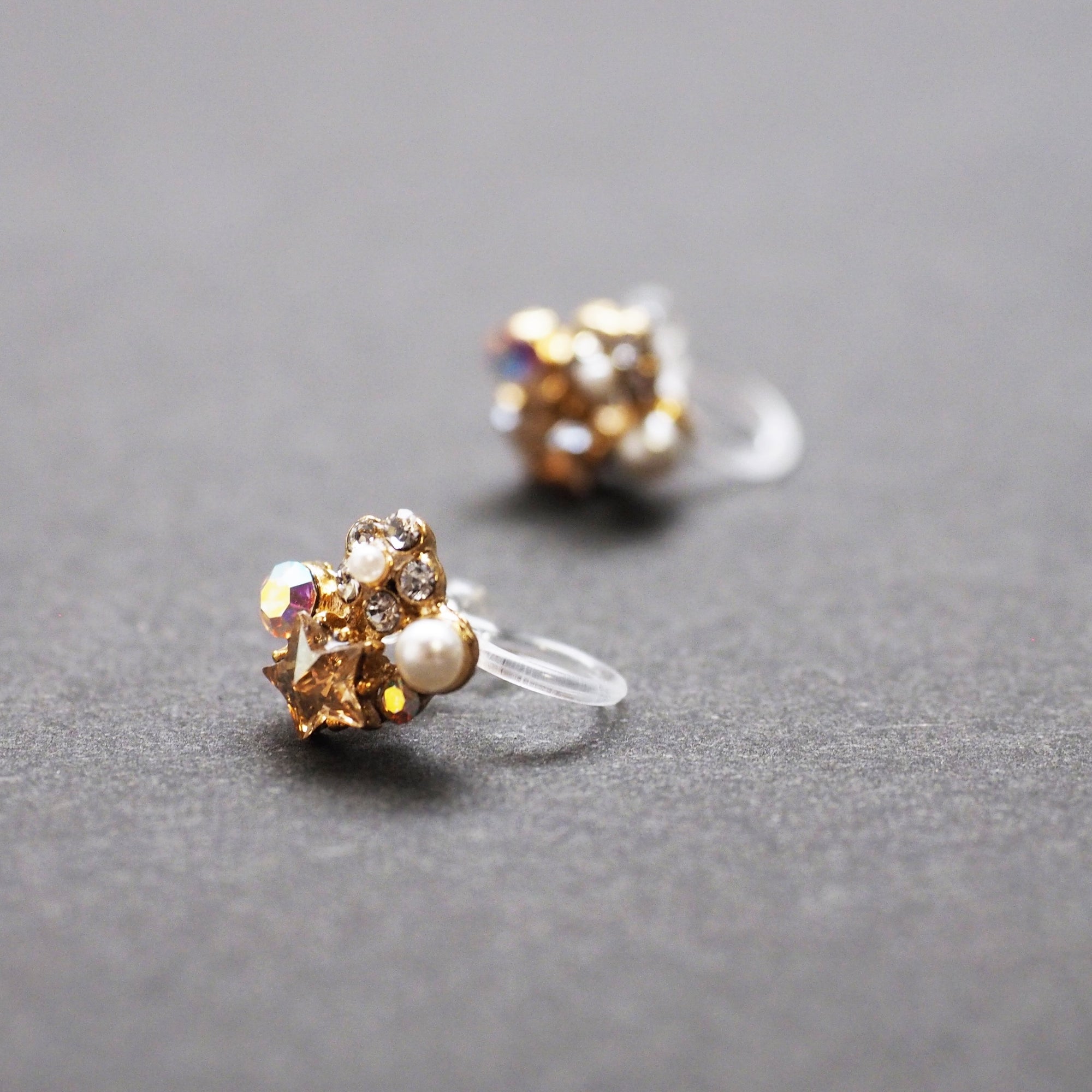 Star Swarovski Crystal Rhinestone & White Pearl Invisible Clip on Stud Earrings ( Light orange ) - Miyabi Grace