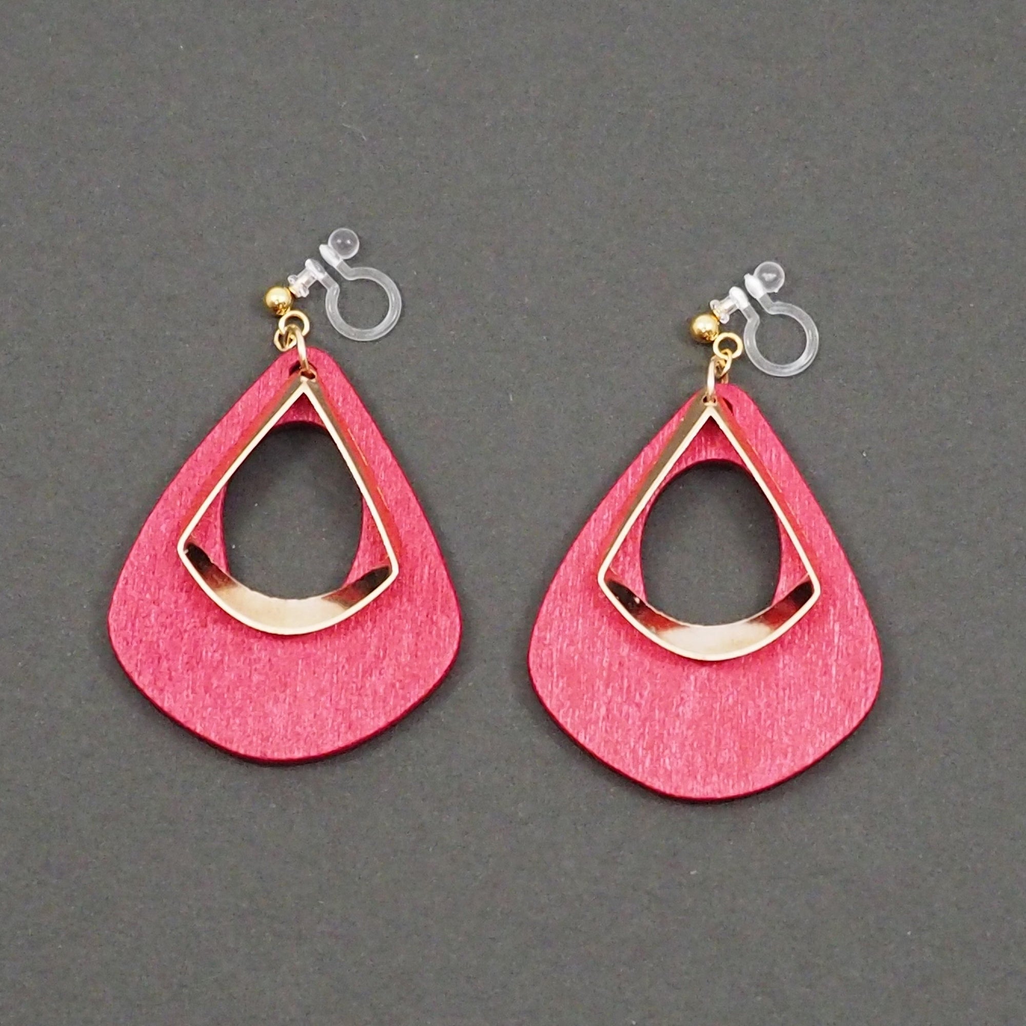 Red Wood Hoop Invisible Clip On Earrings - Miyabi Grace