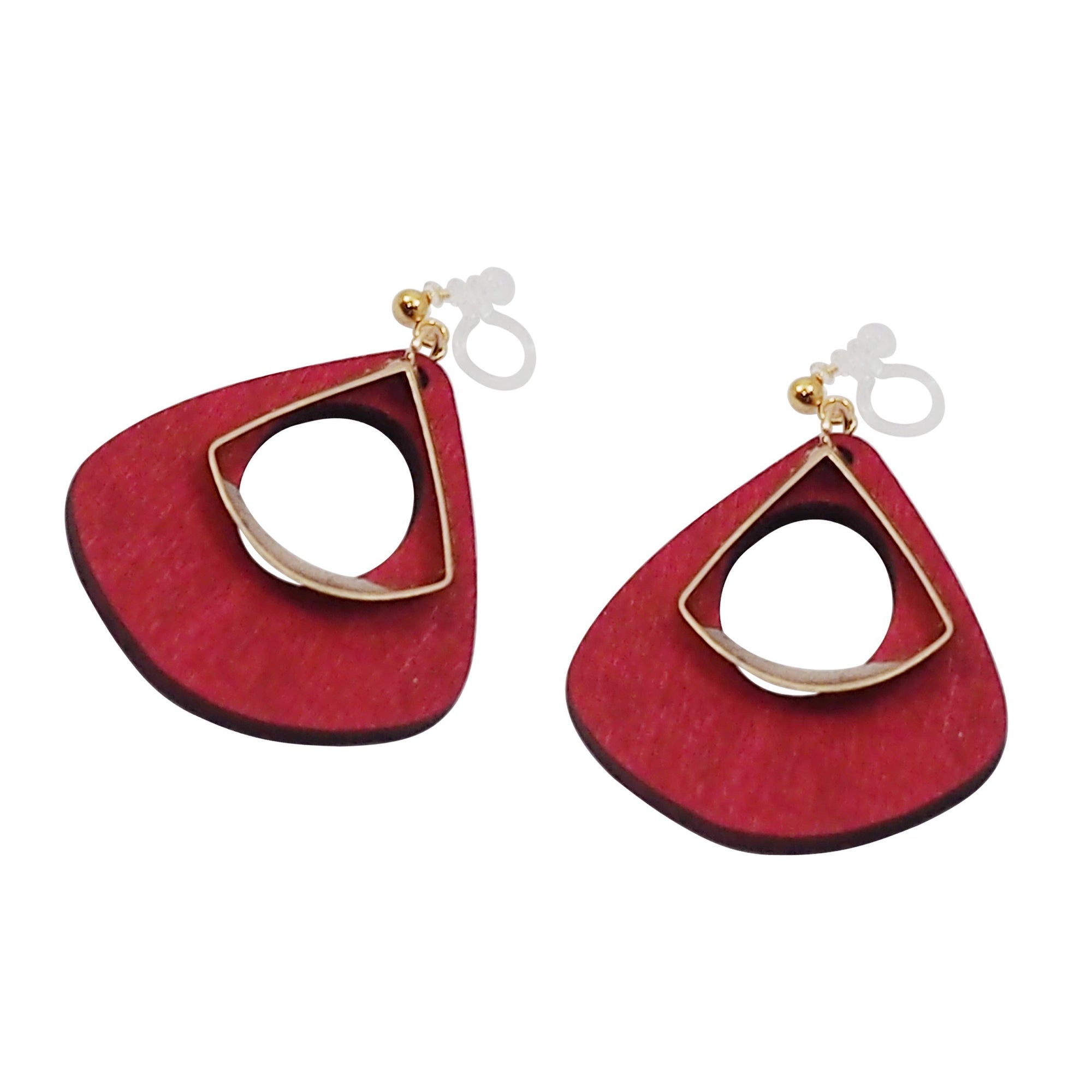 Red Wood Hoop Invisible Clip On Earrings - Miyabi Grace