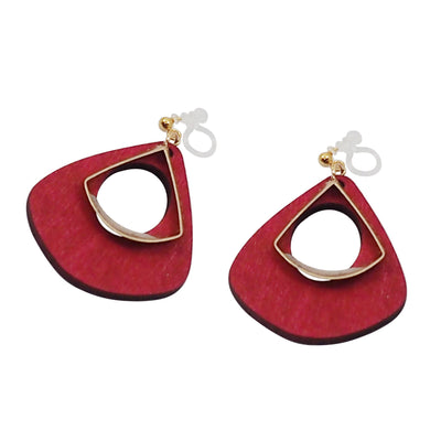 Red Wood Hoop Invisible Clip On Earrings - Miyabi Grace