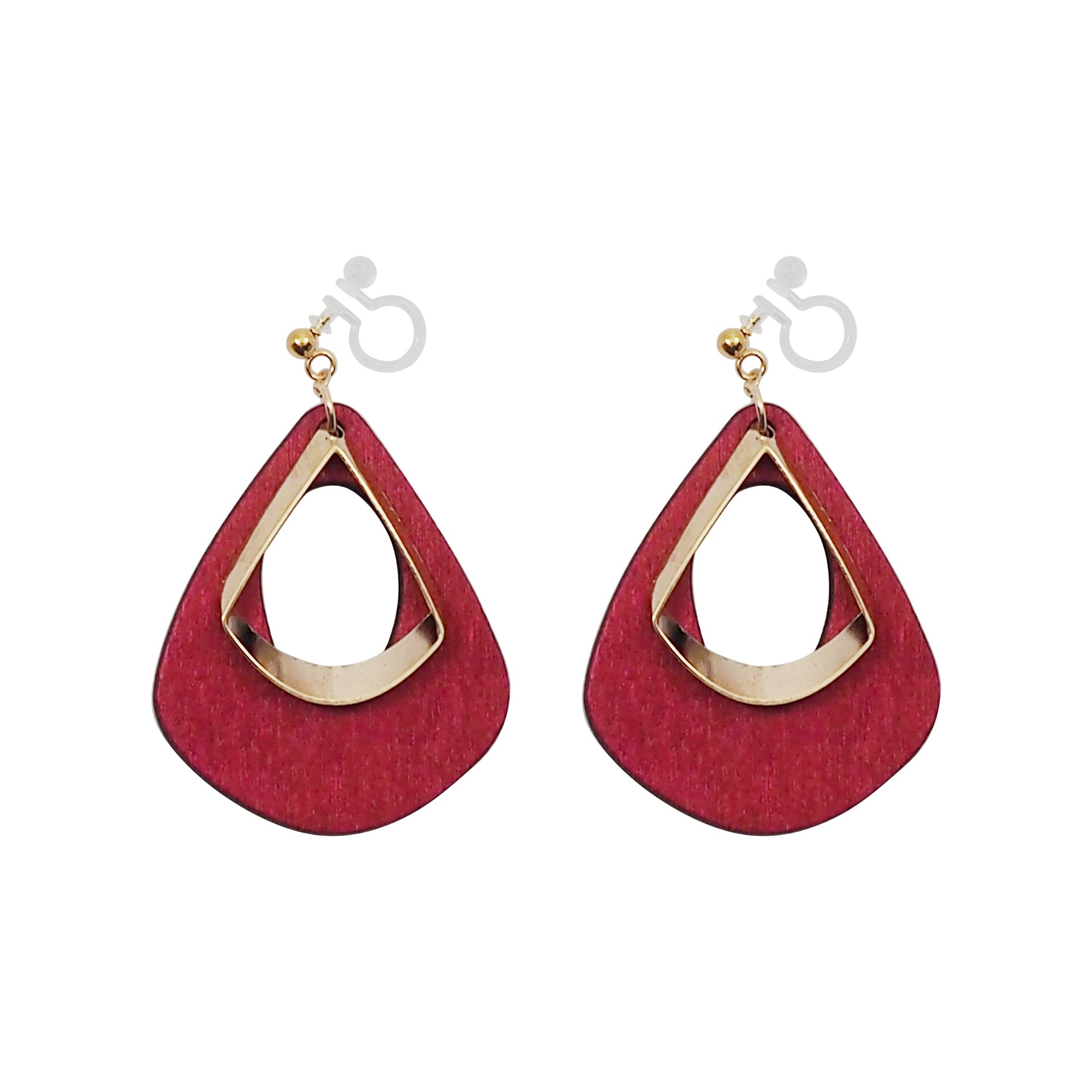 Red Wood Hoop Invisible Clip On Earrings - Miyabi Grace