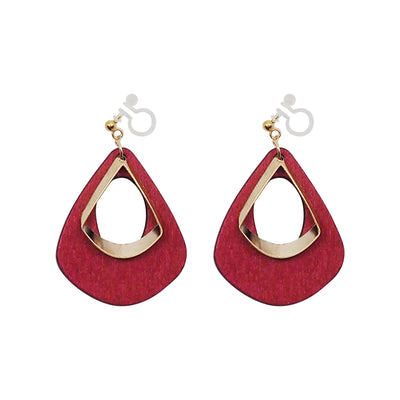 Red Wood Hoop Invisible Clip On Earrings - Miyabi Grace