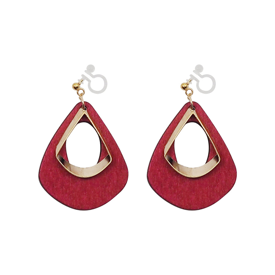 Red Wood Hoop Invisible Clip On Earrings - Miyabi Grace