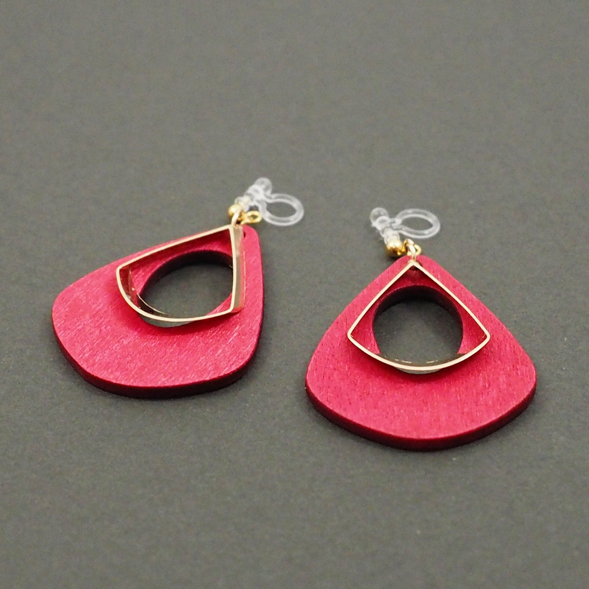 Red Wood Hoop Invisible Clip On Earrings - Miyabi Grace