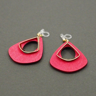 Red Wood Hoop Invisible Clip On Earrings - Miyabi Grace