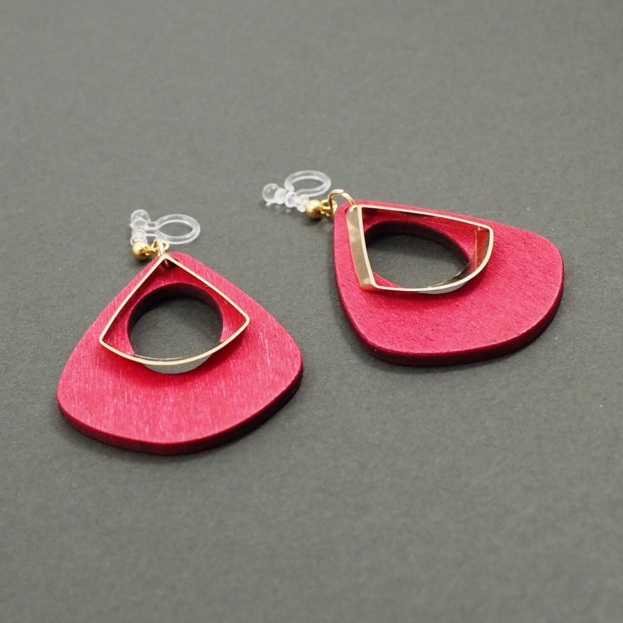 Red Wood Hoop Invisible Clip On Earrings - Miyabi Grace
