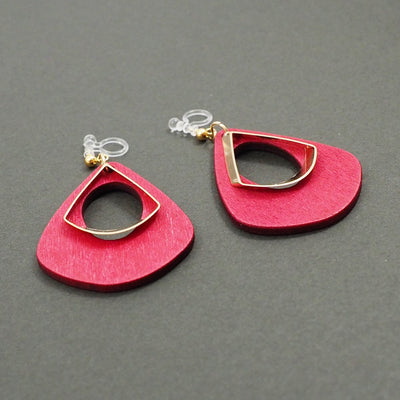 Red Wood Hoop Invisible Clip On Earrings - Miyabi Grace