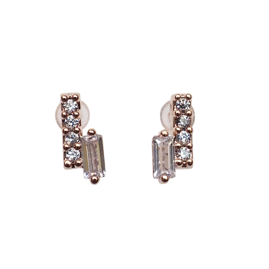 Cubic Zirconia Crystal Bar Invisible Clip On Stud Earrings ( Rose gold tone ) - Miyabi Grace