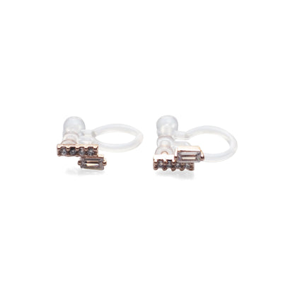 Cubic Zirconia Crystal Bar Invisible Clip On Stud Earrings ( Rose gold tone ) - Miyabi Grace