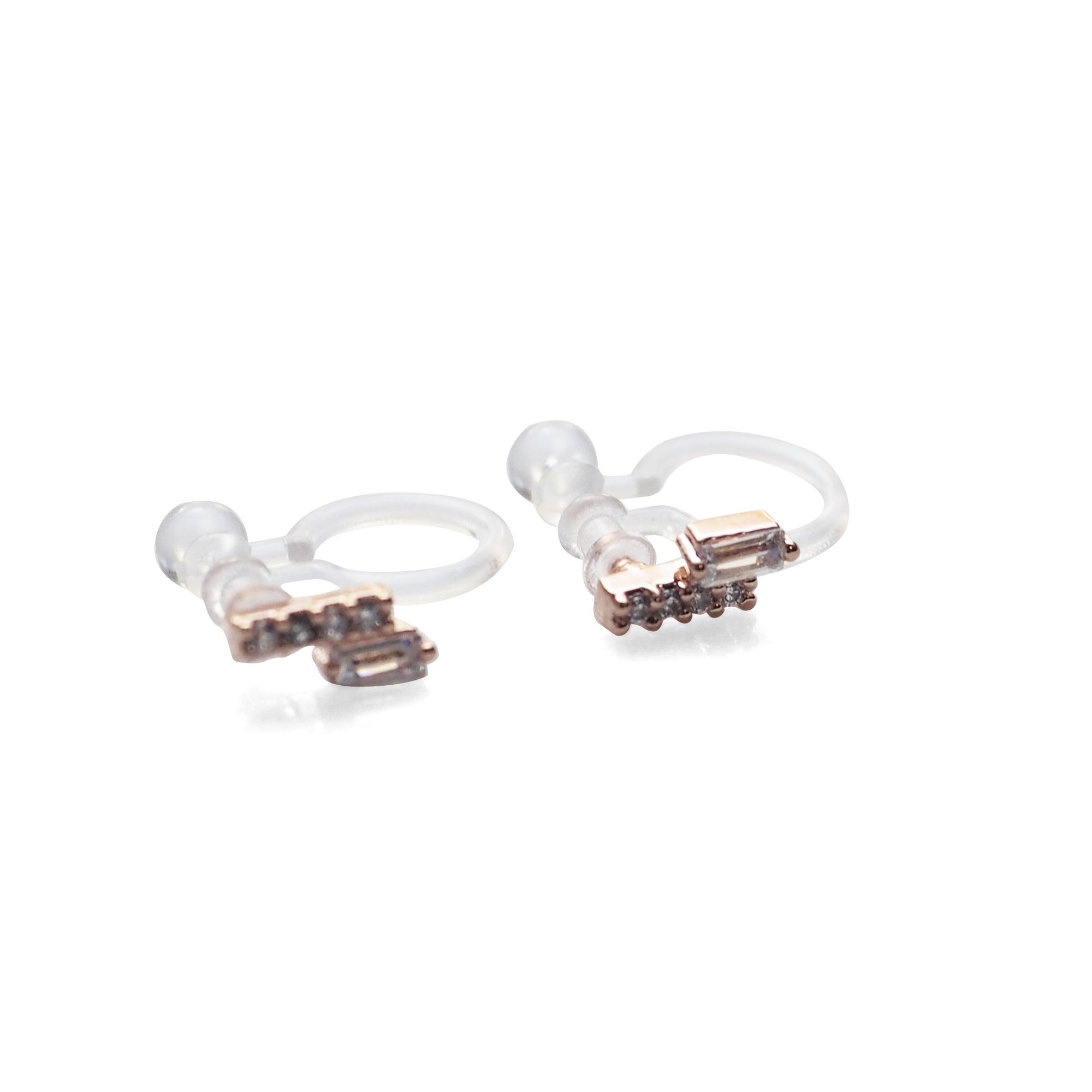 Cubic Zirconia Crystal Bar Invisible Clip On Stud Earrings ( Rose gold tone ) - Miyabi Grace