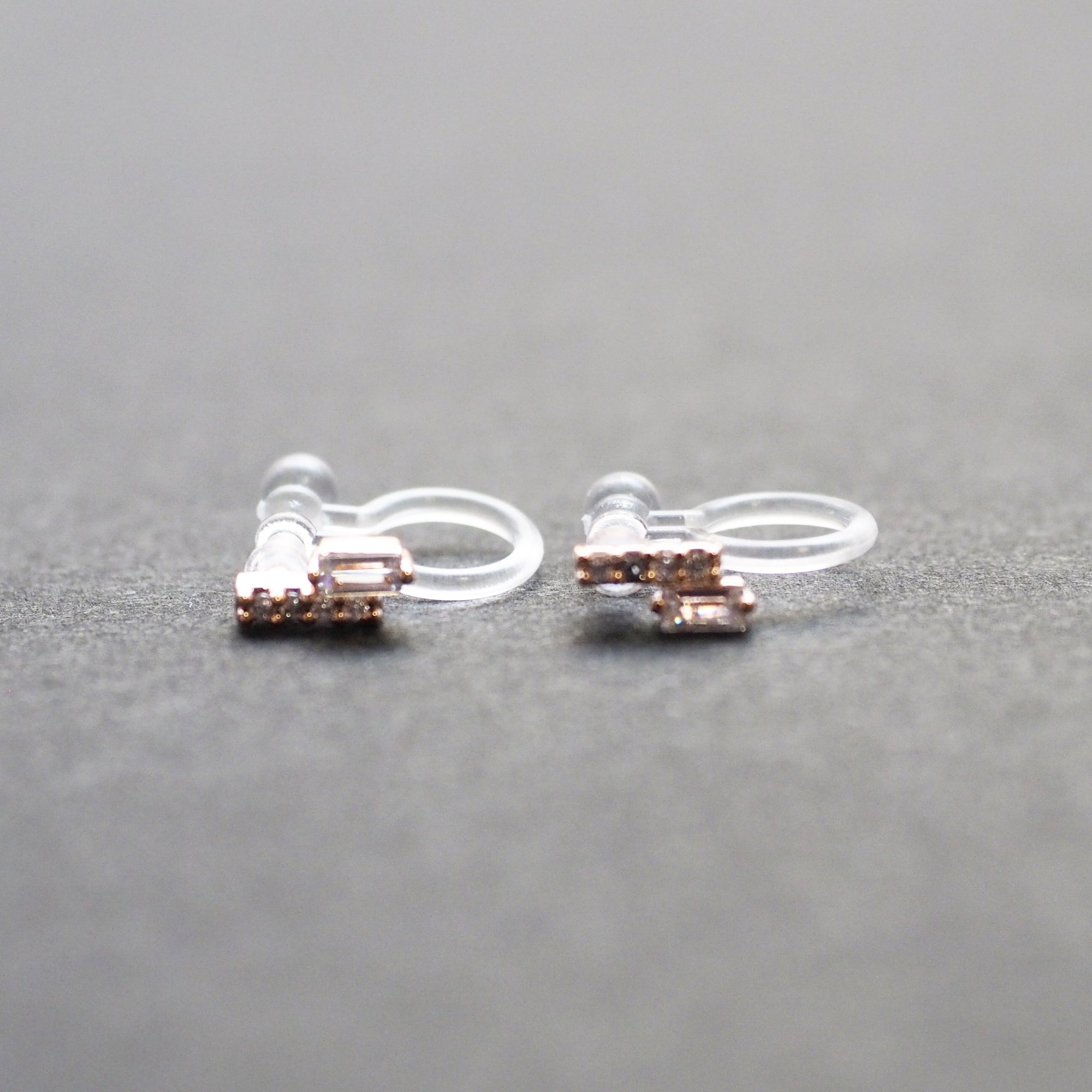 Cubic Zirconia Crystal Bar Invisible Clip On Stud Earrings ( Rose gold tone ) - Miyabi Grace