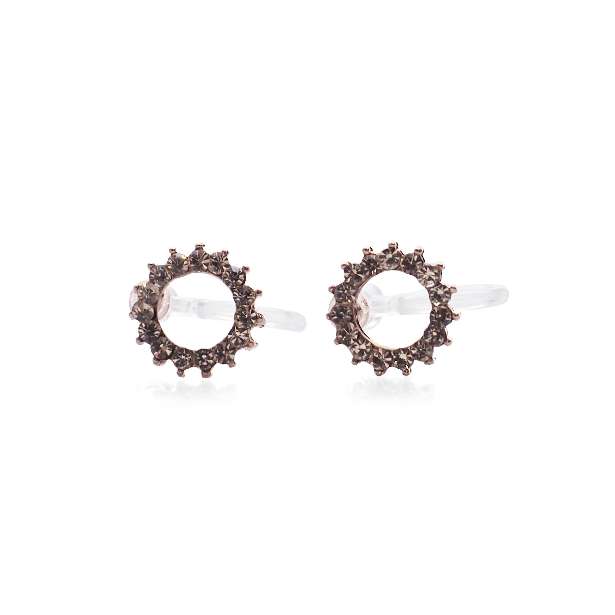 Circle Rhinestone Crystal Invisible Clip On Stud Earrings ( Rose gold tone ) - Miyabi Grace