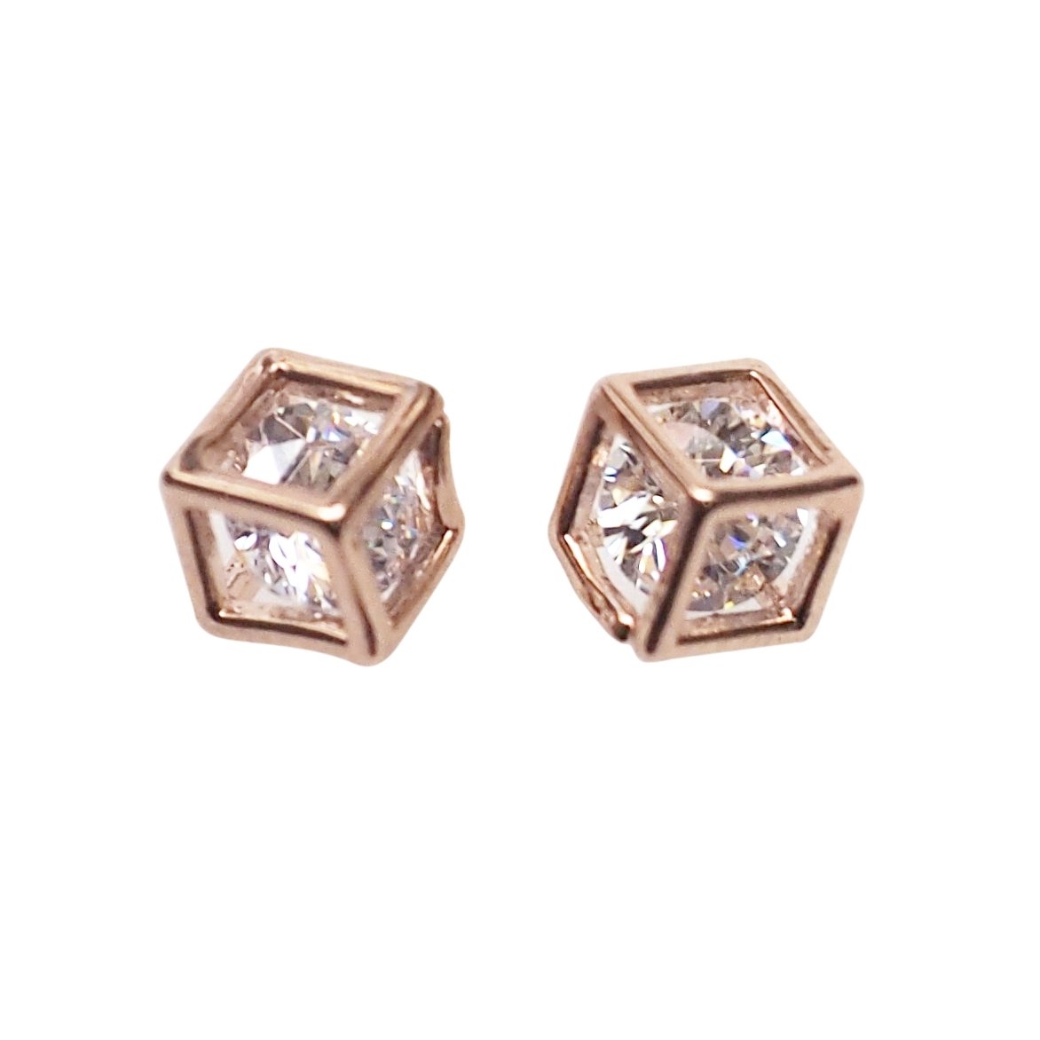 Cubic Zirconia Crystal In Cube Invisible Clip On Stud Earrings ( Rose gold tone ) - Miyabi Grace