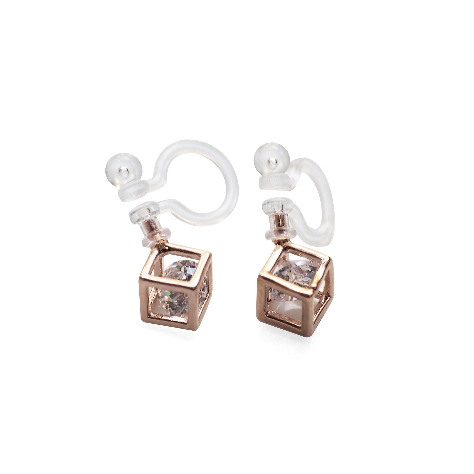 Cubic Zirconia Crystal In Cube Invisible Clip On Stud Earrings ( Rose gold tone ) - Miyabi Grace