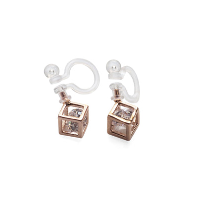 Cubic Zirconia Crystal In Cube Invisible Clip On Stud Earrings ( Rose gold tone ) - Miyabi Grace