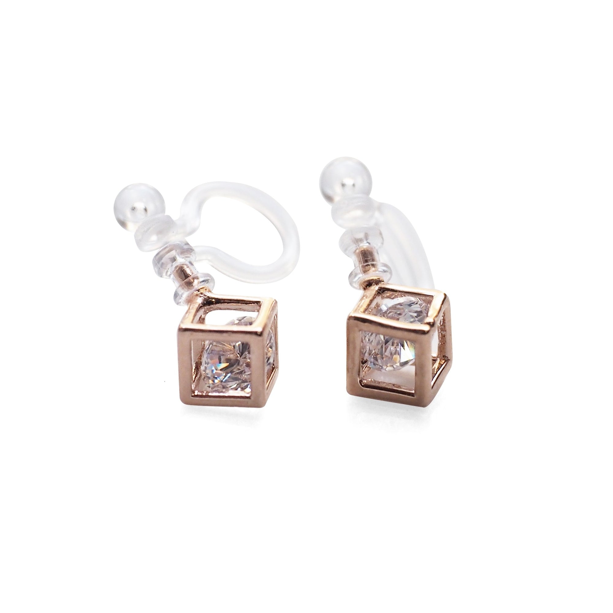 Cubic Zirconia Crystal In Cube Invisible Clip On Stud Earrings ( Rose gold tone ) - Miyabi Grace