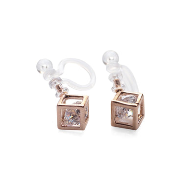 Cubic Zirconia Crystal In Cube Invisible Clip On Stud Earrings ( Rose gold tone ) - Miyabi Grace