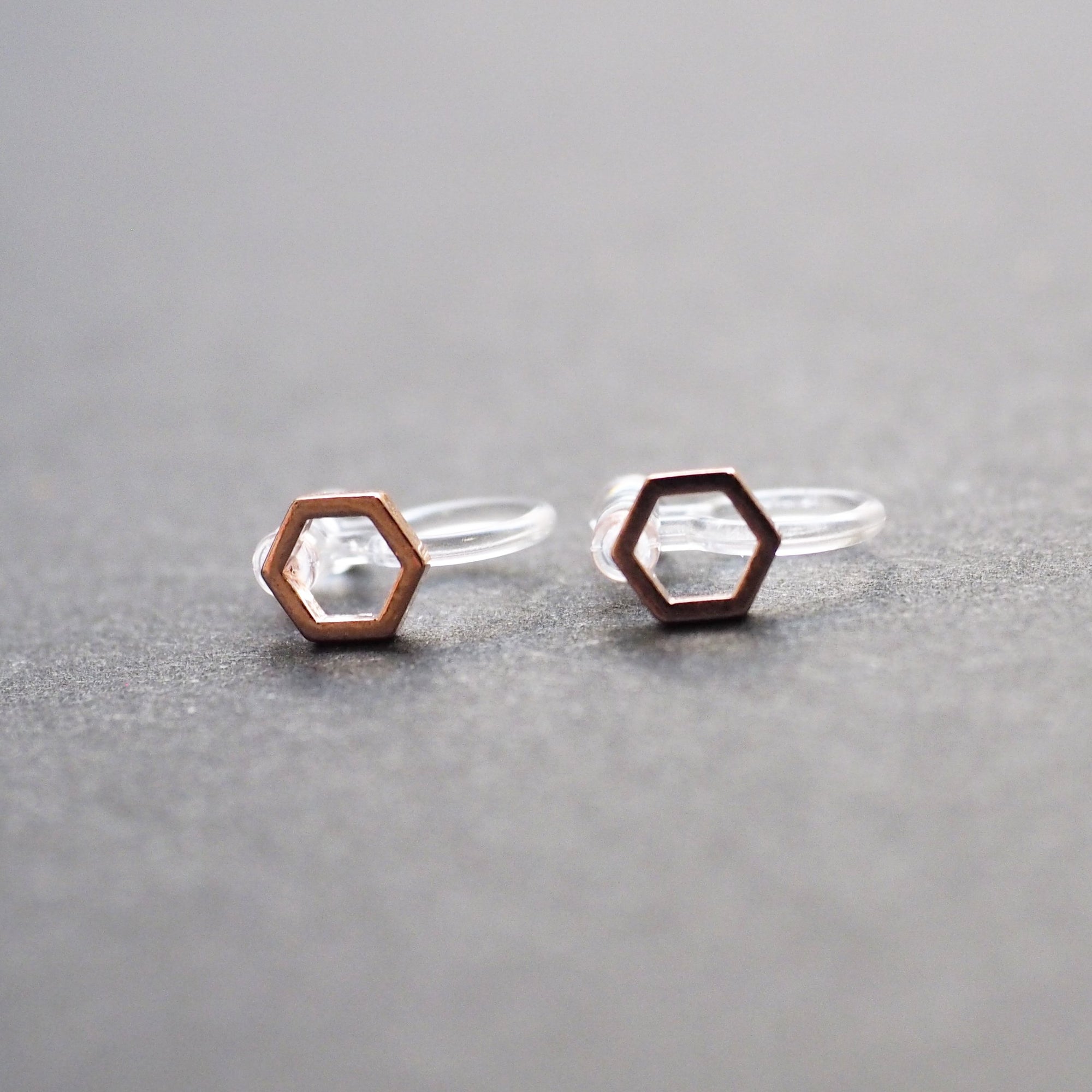 Hexagon Invisible Clip On Stud Earrings ( Rose gold tone ) - Miyabi Grace