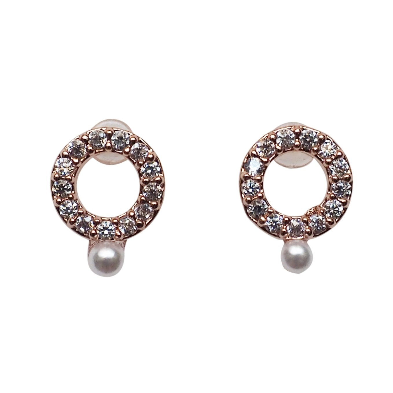 Cubic Zirconia Crystal Pave Hoop with White Pearl Invisible Clip On Stud Earrings  ( Rose gold tone ) - Miyabi Grace