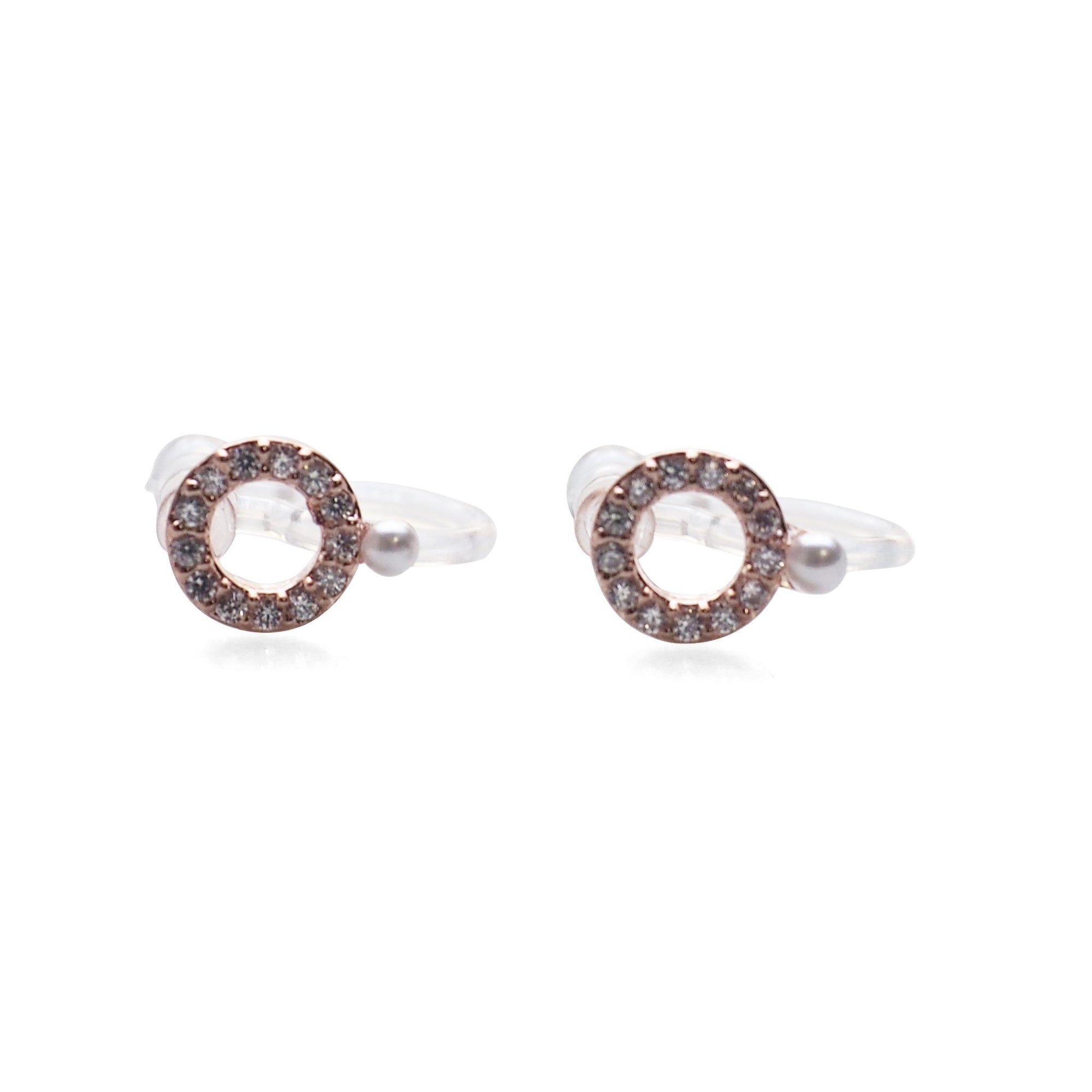 Cubic Zirconia Crystal Pave Hoop with White Pearl Invisible Clip On Stud Earrings  ( Rose gold tone ) - Miyabi Grace