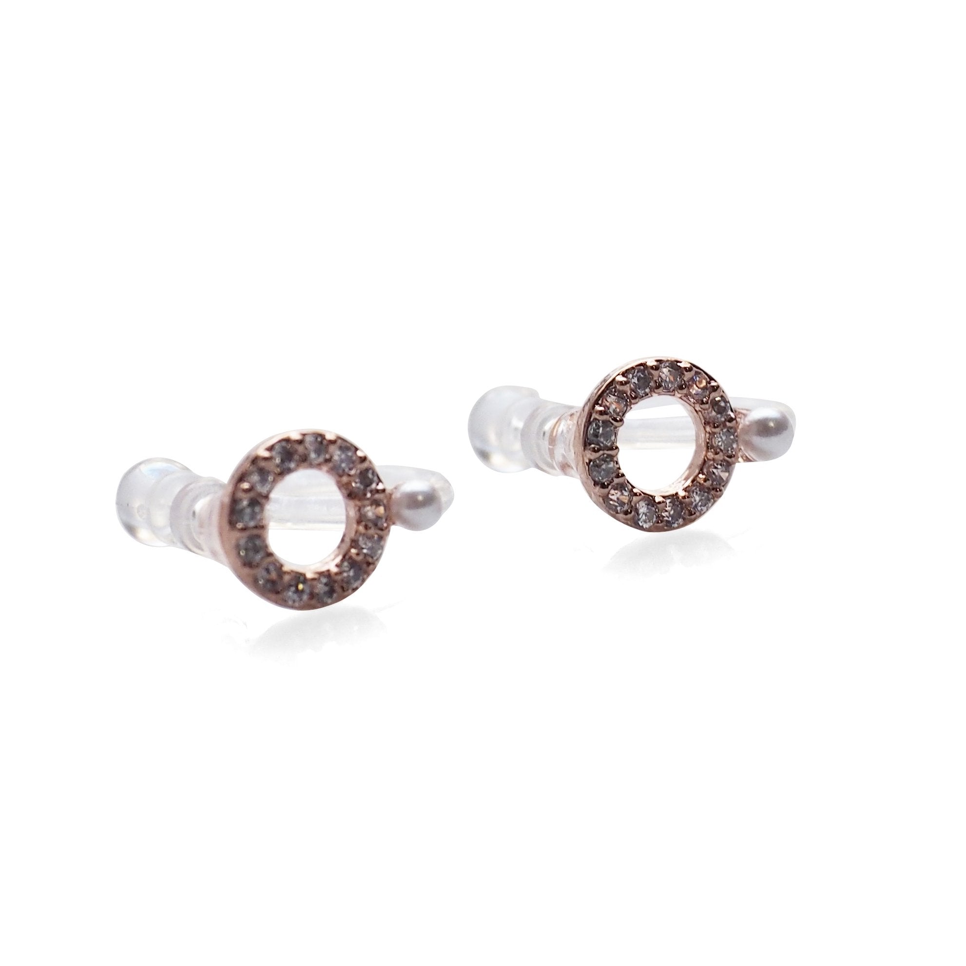 Cubic Zirconia Crystal Pave Hoop with White Pearl Invisible Clip On Stud Earrings  ( Rose gold tone ) - Miyabi Grace