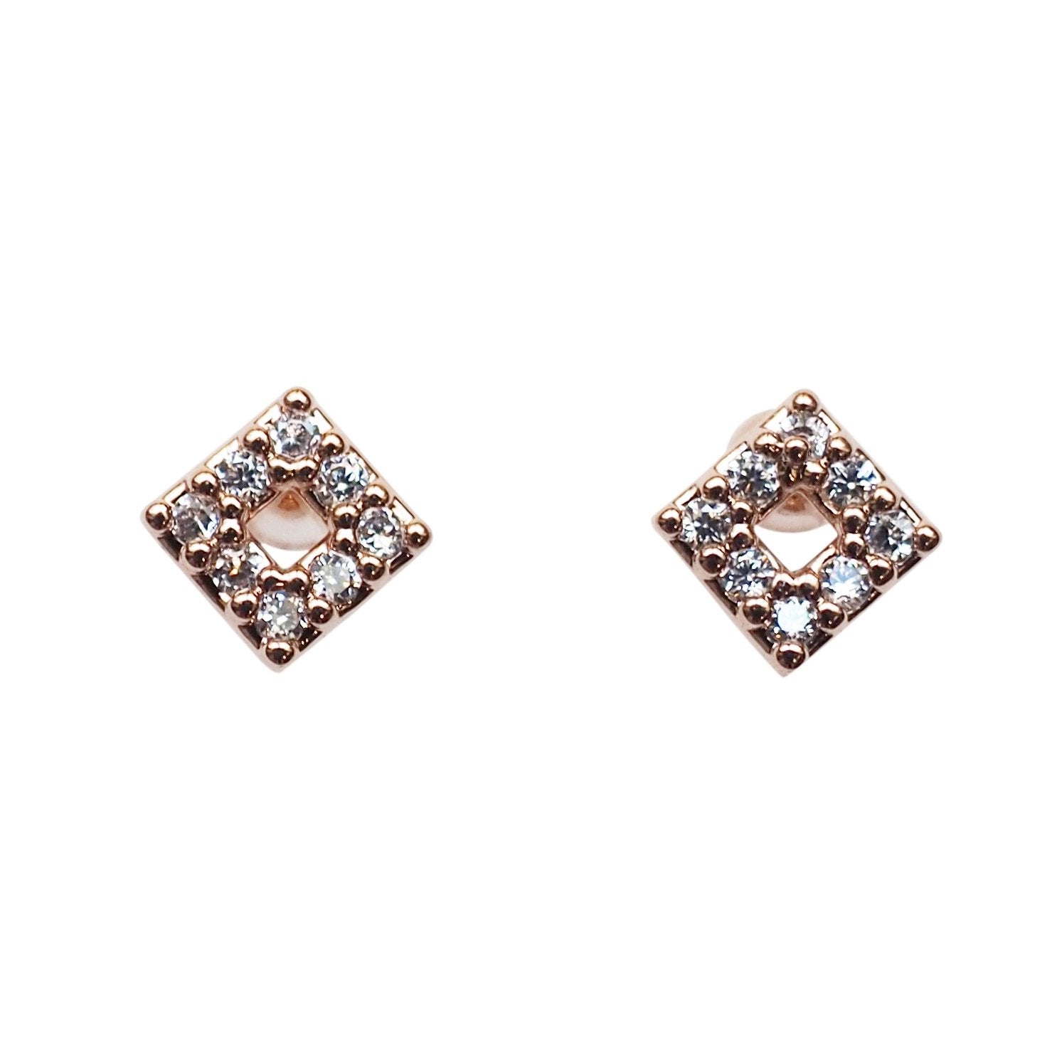 Square Cubic Zirconia Crystal Pave Invisible Clip On Stud Earrings ( Rose gold tone ) - Miyabi Grace