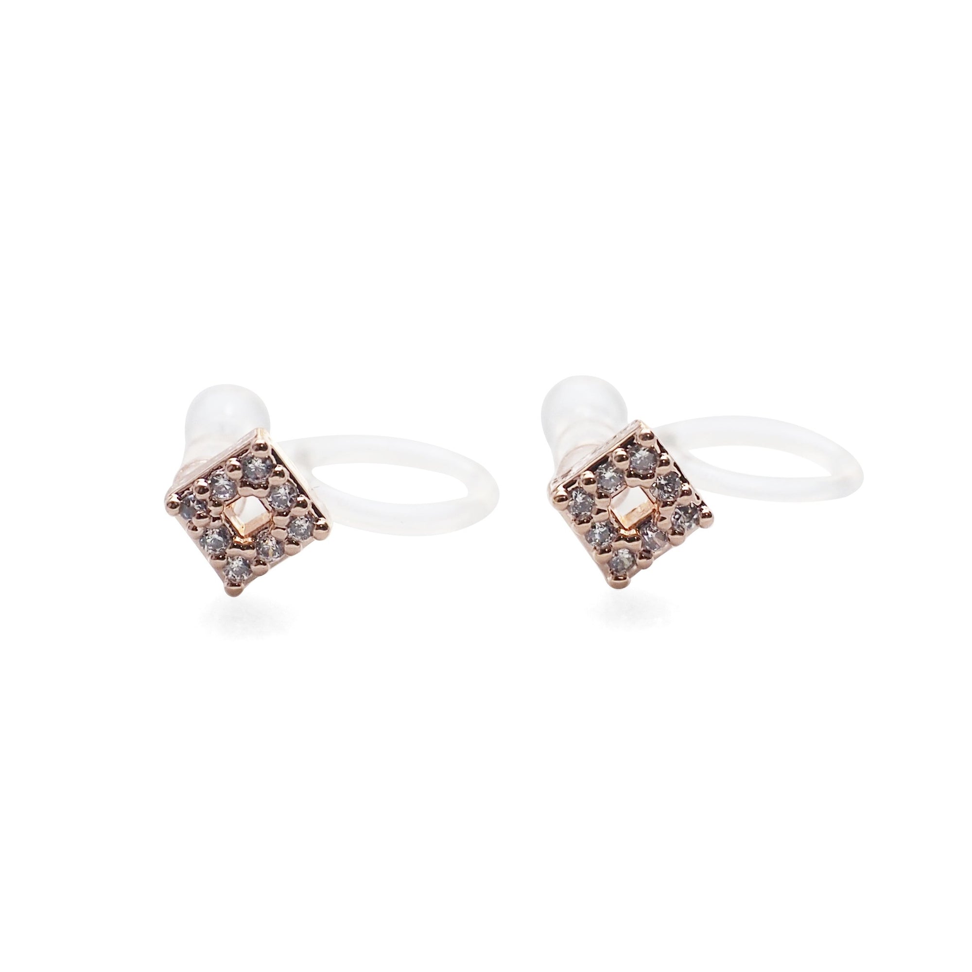 Square Cubic Zirconia Crystal Pave Invisible Clip On Stud Earrings ( Rose gold tone ) - Miyabi Grace