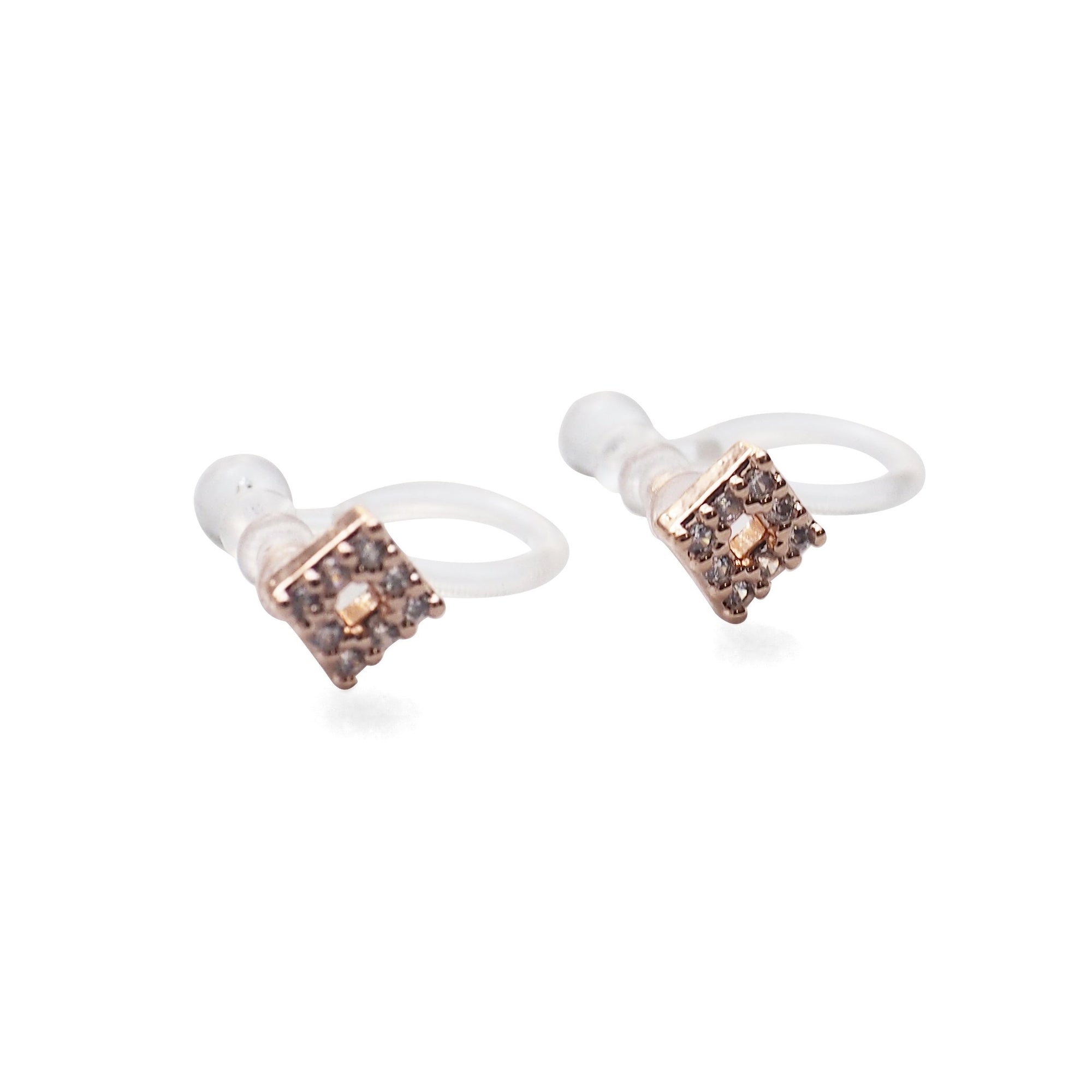 Square Cubic Zirconia Crystal Pave Invisible Clip On Stud Earrings ( Rose gold tone ) - Miyabi Grace