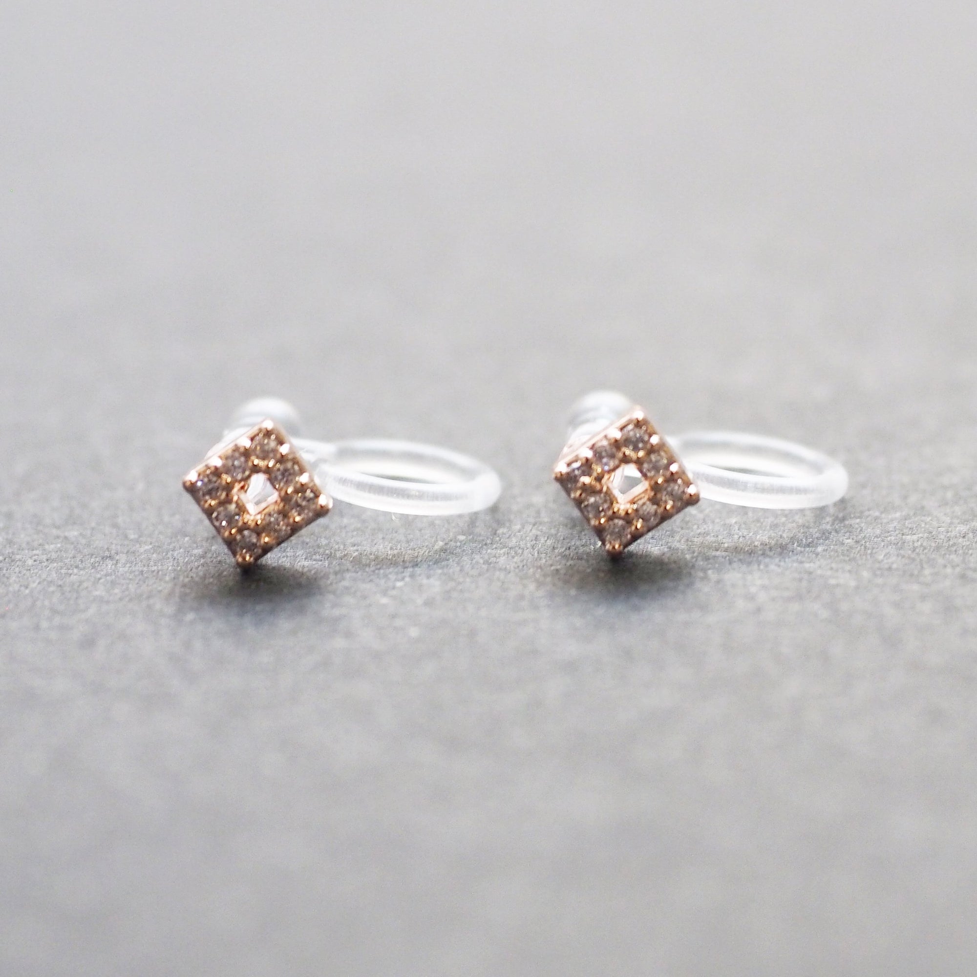Square Cubic Zirconia Crystal Pave Invisible Clip On Stud Earrings ( Rose gold tone ) - Miyabi Grace