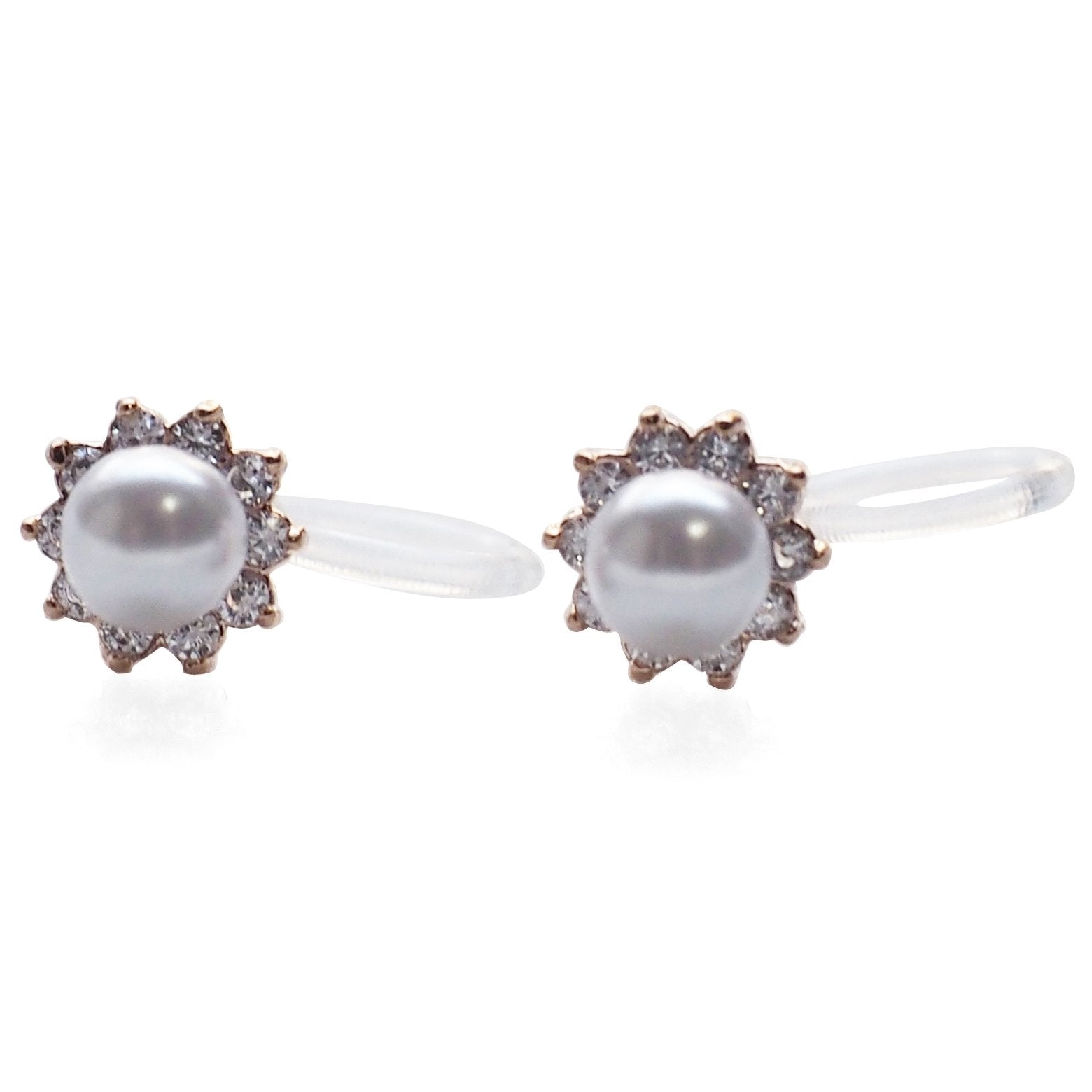 White Pearl & Cubic Zirconia Crystal Pave Invisible Clip On Stud Earrings ( Rose gold tone ) - Miyabi Grace