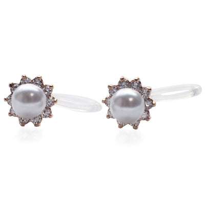 White Pearl & Cubic Zirconia Crystal Pave Invisible Clip On Stud Earrings ( Rose gold tone ) - Miyabi Grace