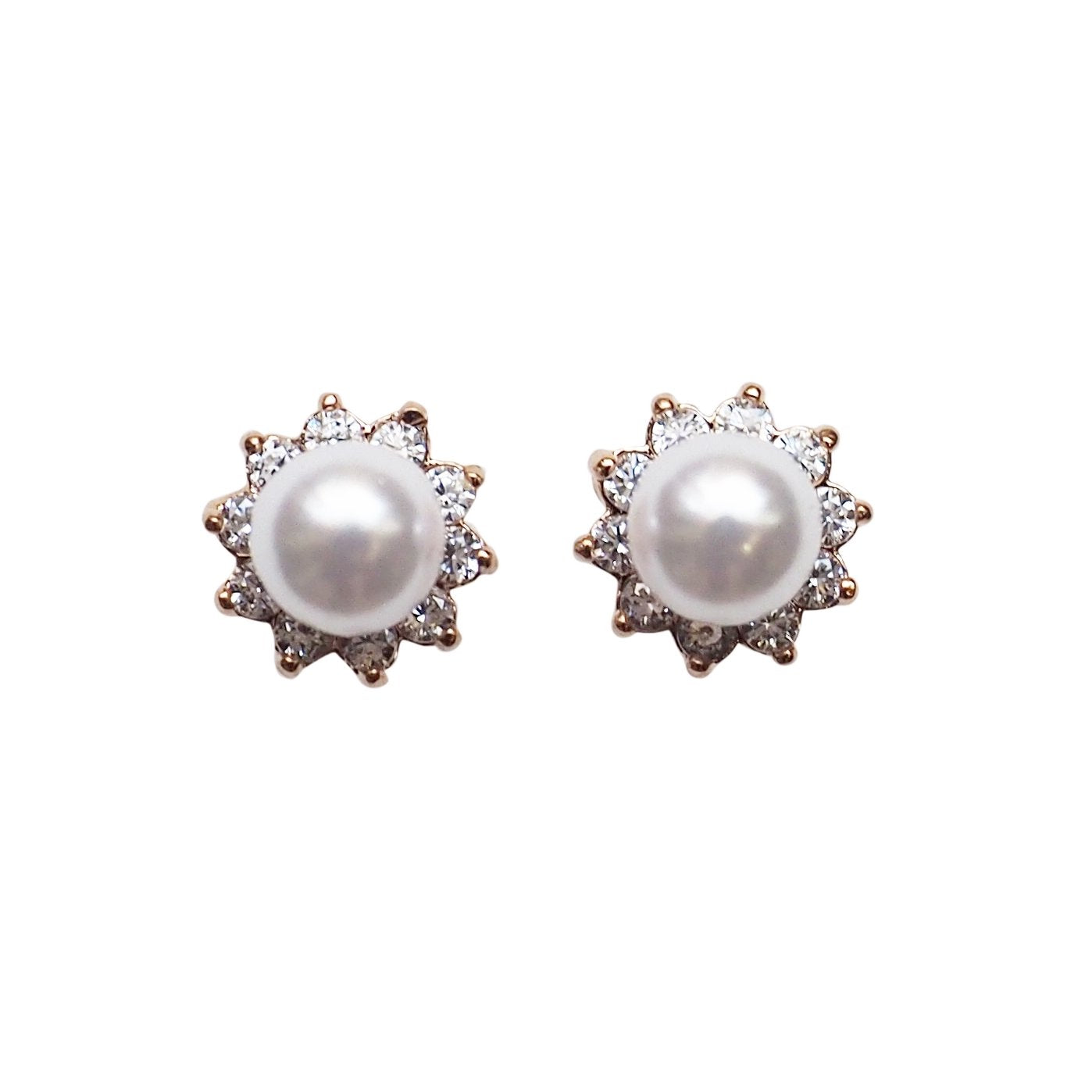 White Pearl & Cubic Zirconia Crystal Pave Invisible Clip On Stud Earrings ( Rose gold tone ) - Miyabi Grace