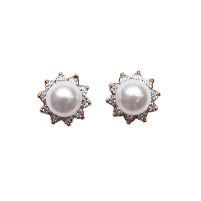 White Pearl & Cubic Zirconia Crystal Pave Invisible Clip On Stud Earrings ( Rose gold tone ) - Miyabi Grace
