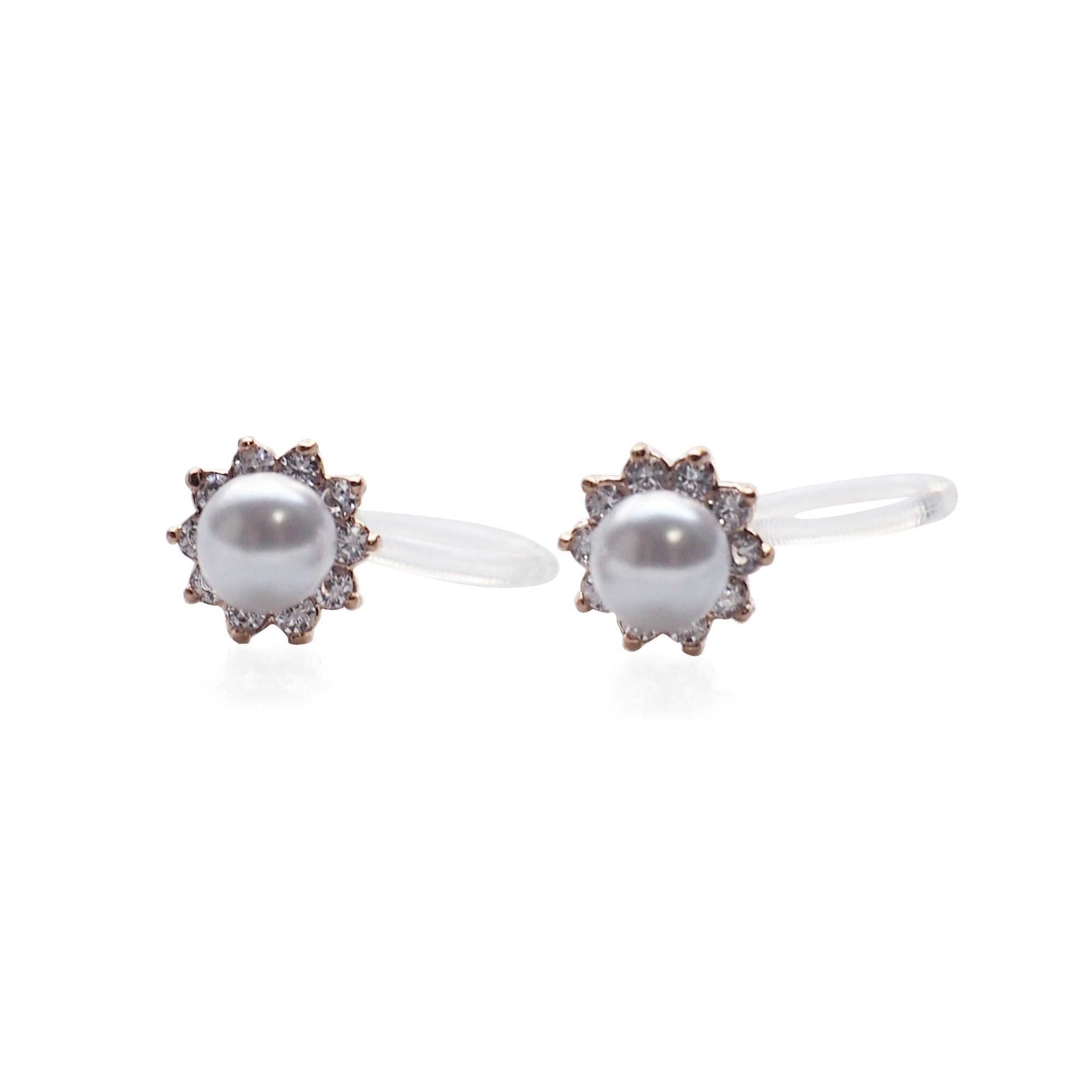 White Pearl & Cubic Zirconia Crystal Pave Invisible Clip On Stud Earrings ( Rose gold tone ) - Miyabi Grace