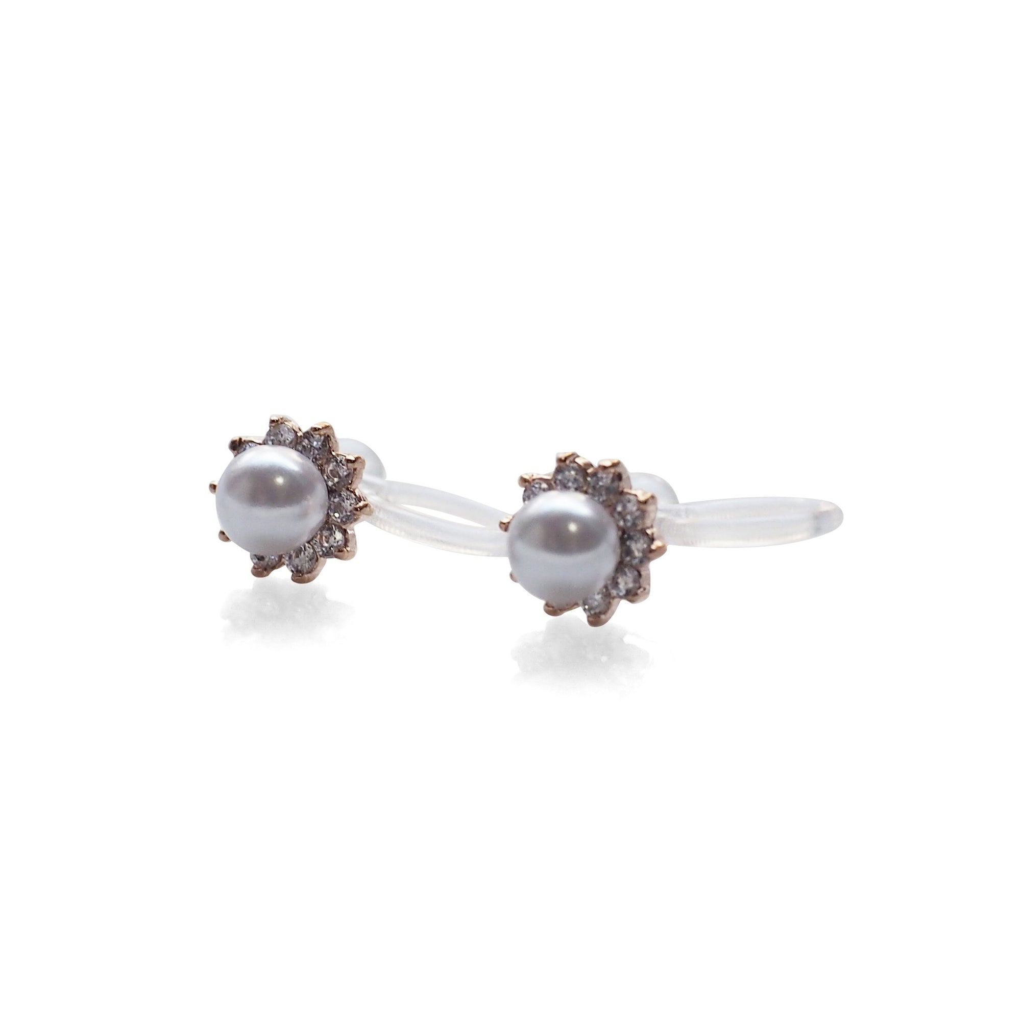 White Pearl & Cubic Zirconia Crystal Pave Invisible Clip On Stud Earrings ( Rose gold tone ) - Miyabi Grace