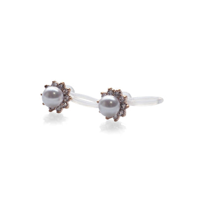 White Pearl & Cubic Zirconia Crystal Pave Invisible Clip On Stud Earrings ( Rose gold tone ) - Miyabi Grace