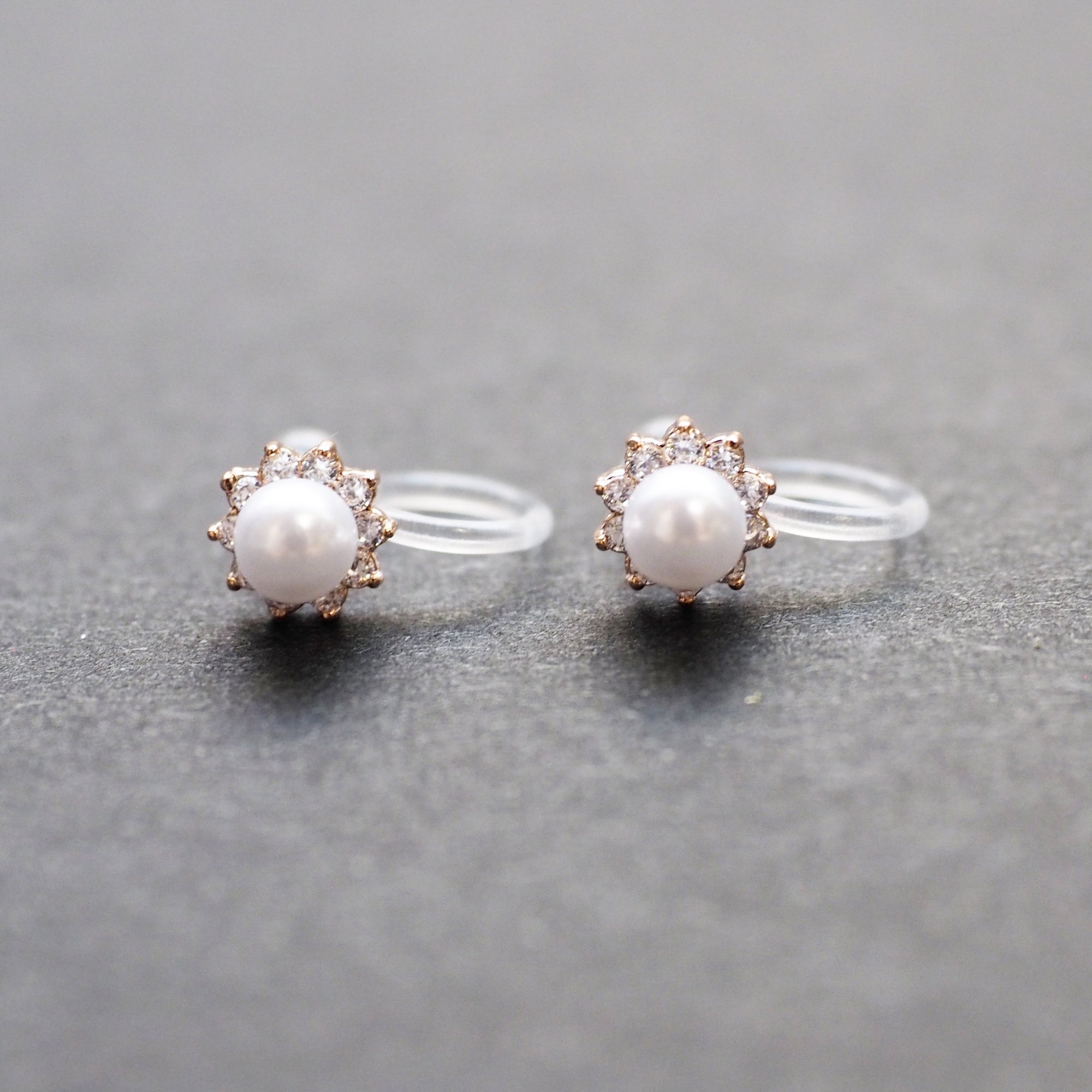 White Pearl & Cubic Zirconia Crystal Pave Invisible Clip On Stud Earrings ( Rose gold tone ) - Miyabi Grace