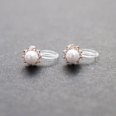 White Pearl & Cubic Zirconia Crystal Pave Invisible Clip On Stud Earrings ( Rose gold tone ) - Miyabi Grace