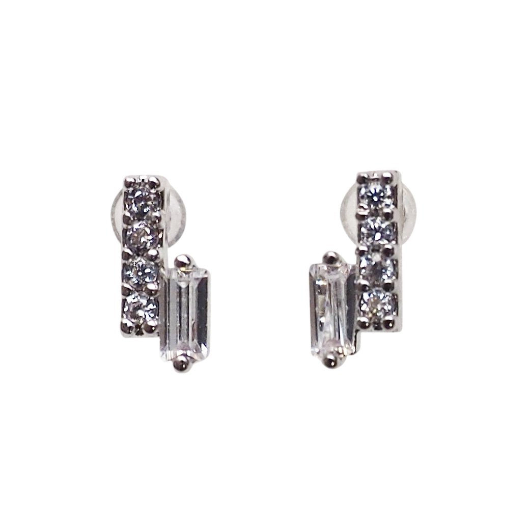 Cubic Zirconia Crystal Bar Invisible Clip On Stud Earrings ( Silver tone ) - Miyabi Grace