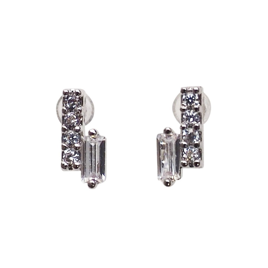 Cubic Zirconia Crystal Bar Invisible Clip On Stud Earrings ( Silver tone ) - Miyabi Grace
