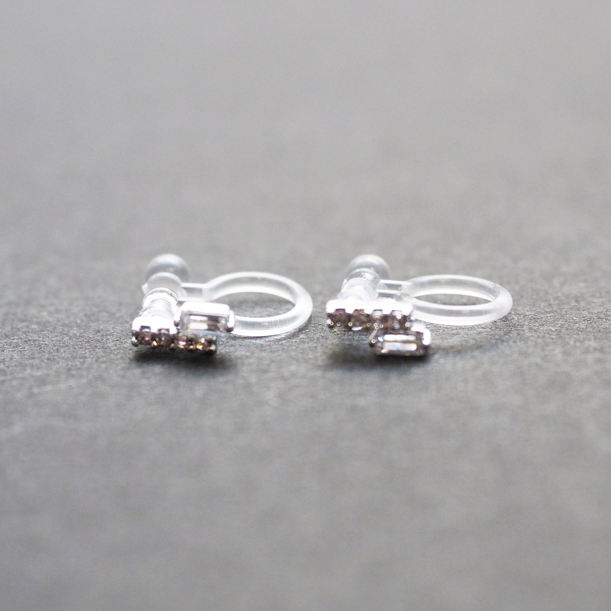 Cubic Zirconia Crystal Bar Invisible Clip On Stud Earrings ( Silver tone ) - Miyabi Grace