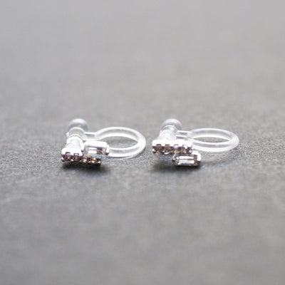 Cubic Zirconia Crystal Bar Invisible Clip On Stud Earrings ( Silver tone ) - Miyabi Grace