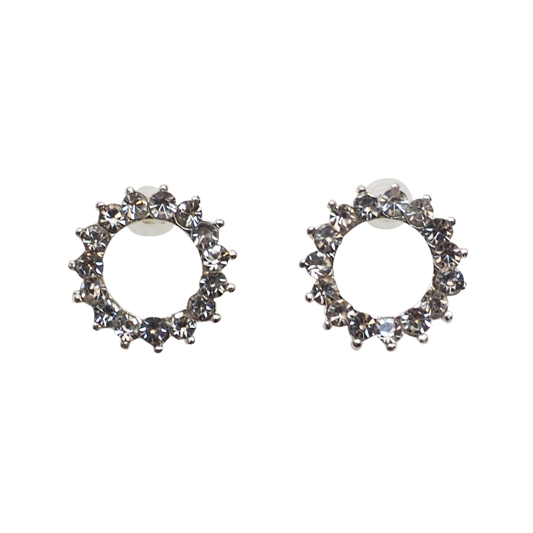 Circle Rhinestone Crystal Invisible Clip On Stud Earrings ( Silver tone ) - Miyabi Grace