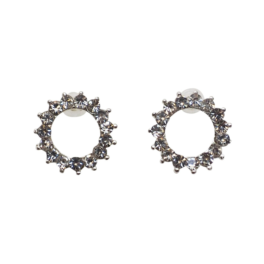 Circle Rhinestone Crystal Invisible Clip On Stud Earrings ( Silver tone ) - Miyabi Grace