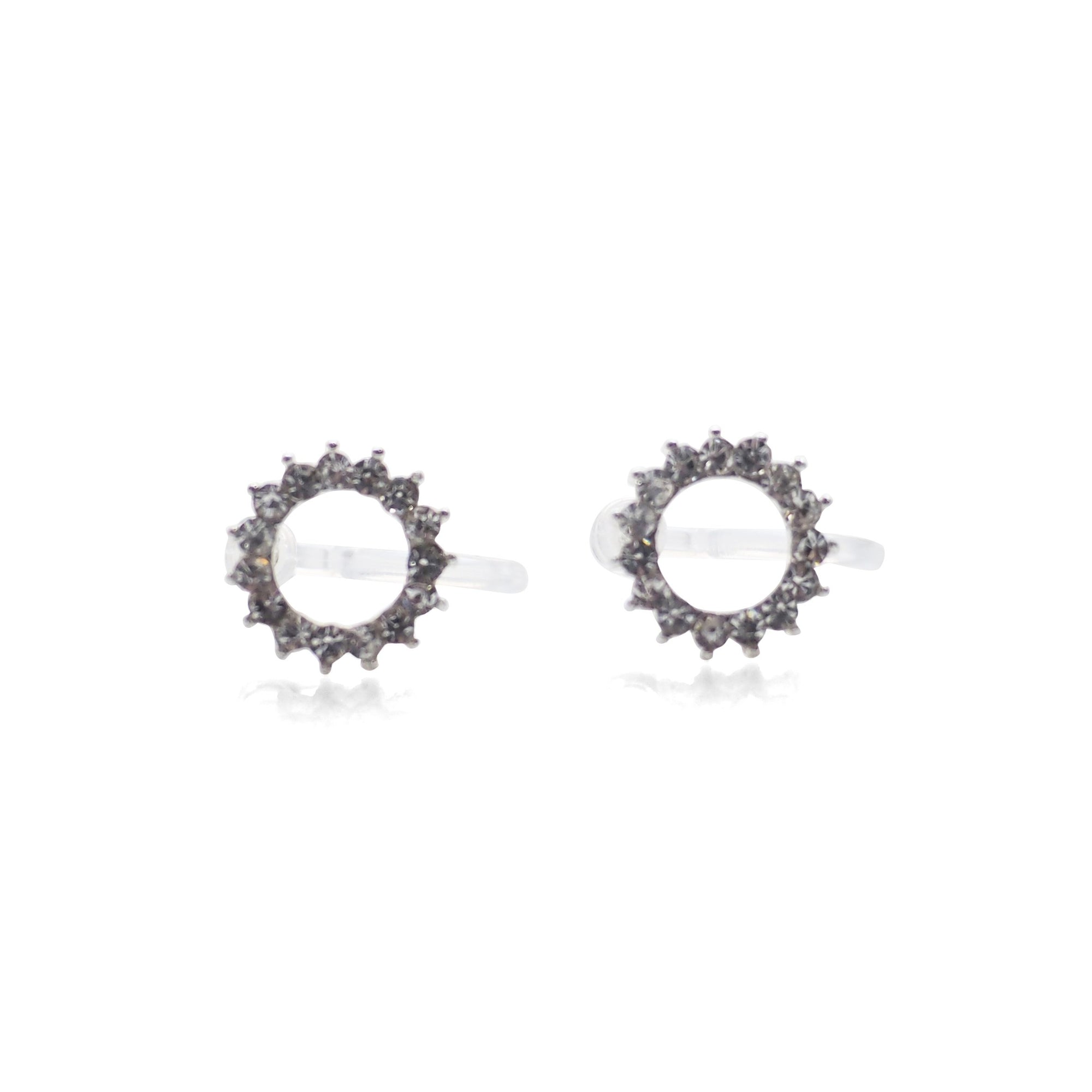 Circle Rhinestone Crystal Invisible Clip On Stud Earrings ( Silver tone ) - Miyabi Grace