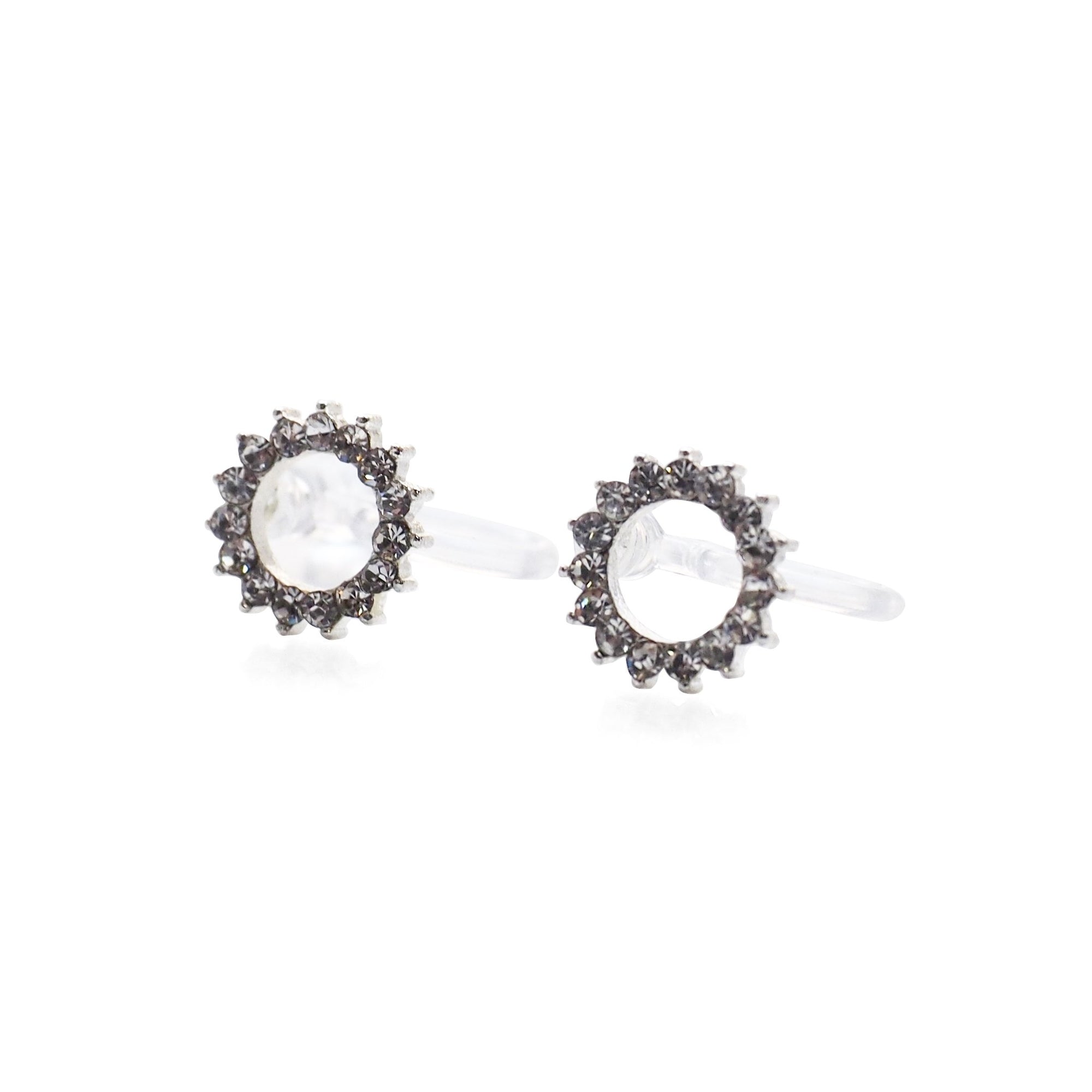 Circle Rhinestone Crystal Invisible Clip On Stud Earrings ( Silver tone ) - Miyabi Grace