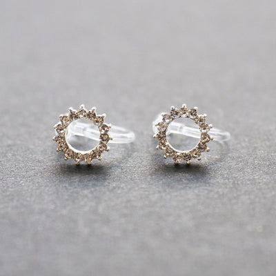 Circle Rhinestone Crystal Invisible Clip On Stud Earrings ( Silver tone ) - Miyabi Grace